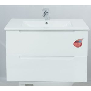 Mobilier de baie alb cu manere frezate, suspendat, cu 2 sertare soft close + lavoar ceramica 70 cm
