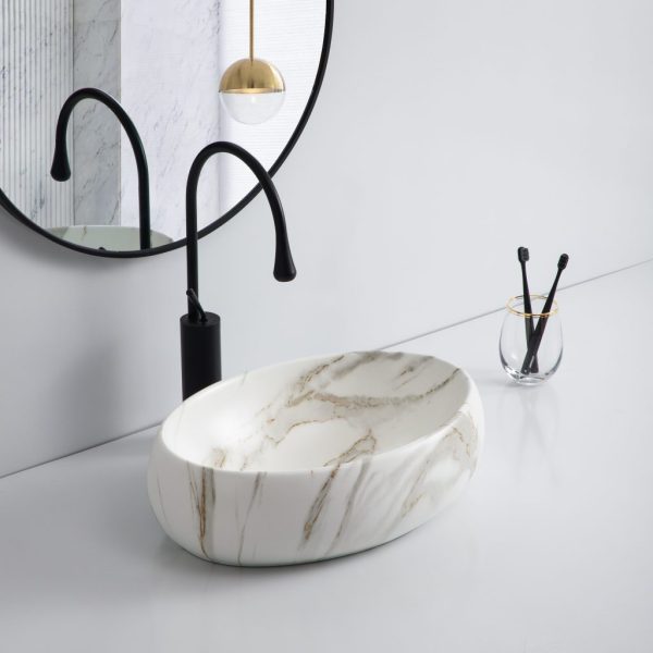 Lavoar din ceramica cu insertii de marmura si montaj pe blat, 59 cm -Round Bej-