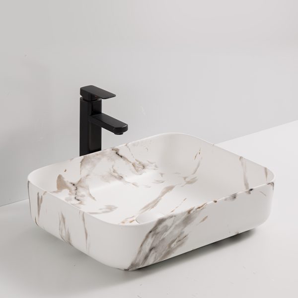 Lavoar din ceramica cu insertii de marmura si montaj pe blat, 50 cm -Cube grey-