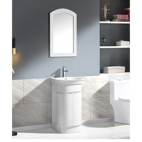 Set mobilier baie Pvc rotund alb 60 cm, lavoar ceramic si oglinda